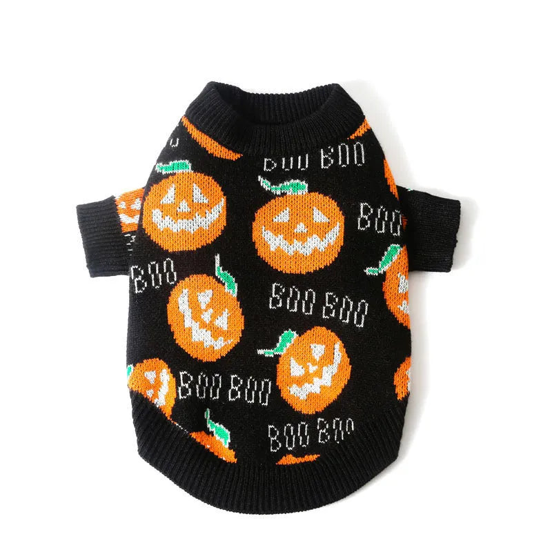 Black Halloween dog sweater with orange pumpkin pattern design for pet costumes