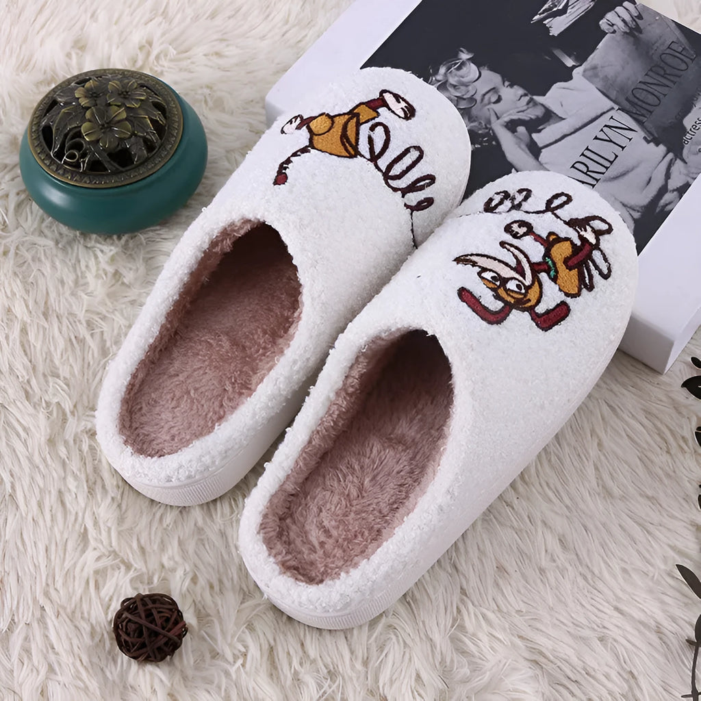 White cartoon pattern plush slippers with non-slip rubber soles