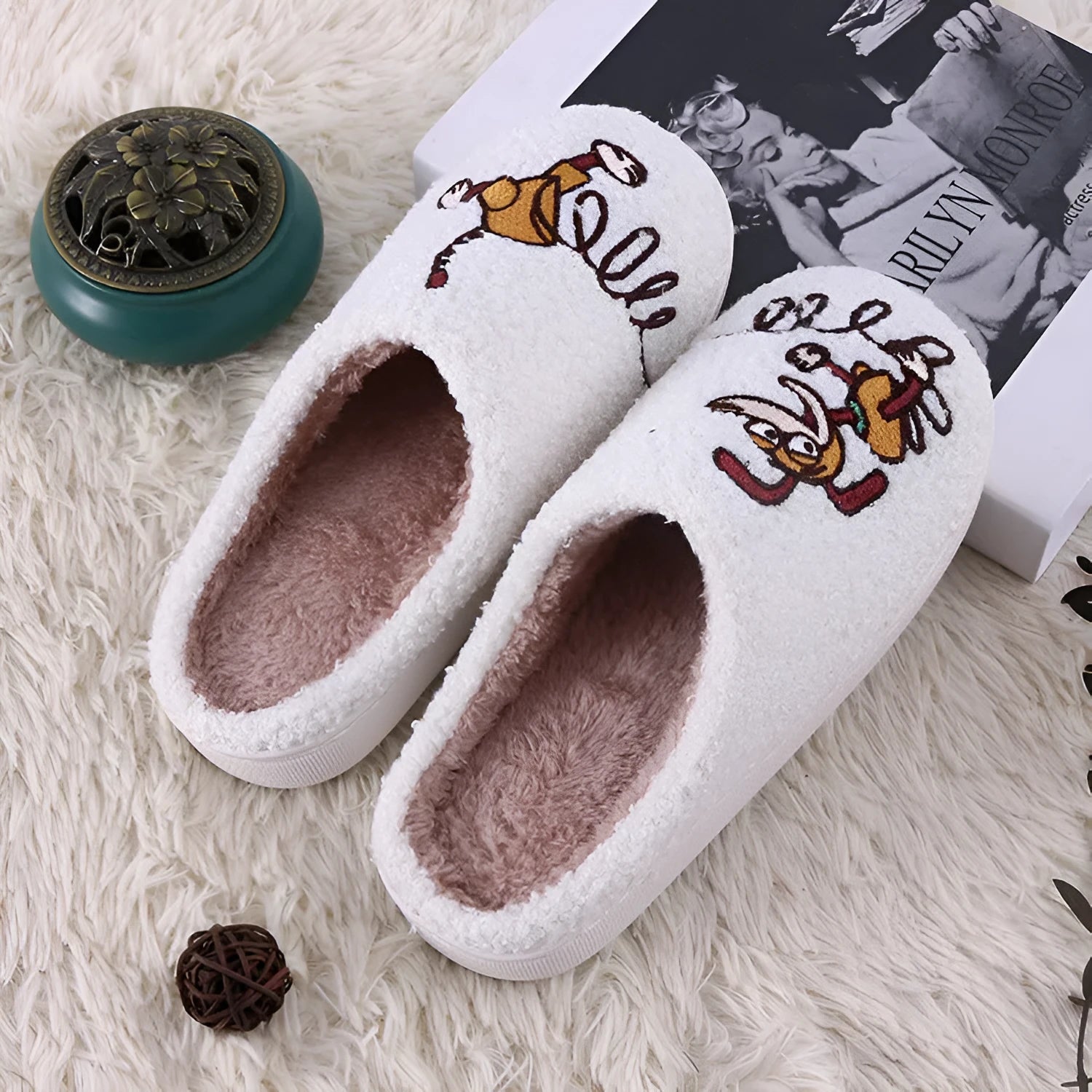 White cartoon pattern plush slippers with non-slip rubber soles