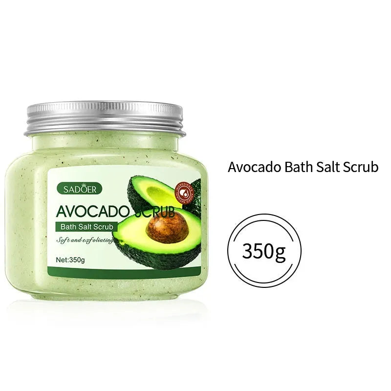 Fruit bath salt scrub cream in 350g tub with four scent options: shea butter, mango, blueberry, and avocado