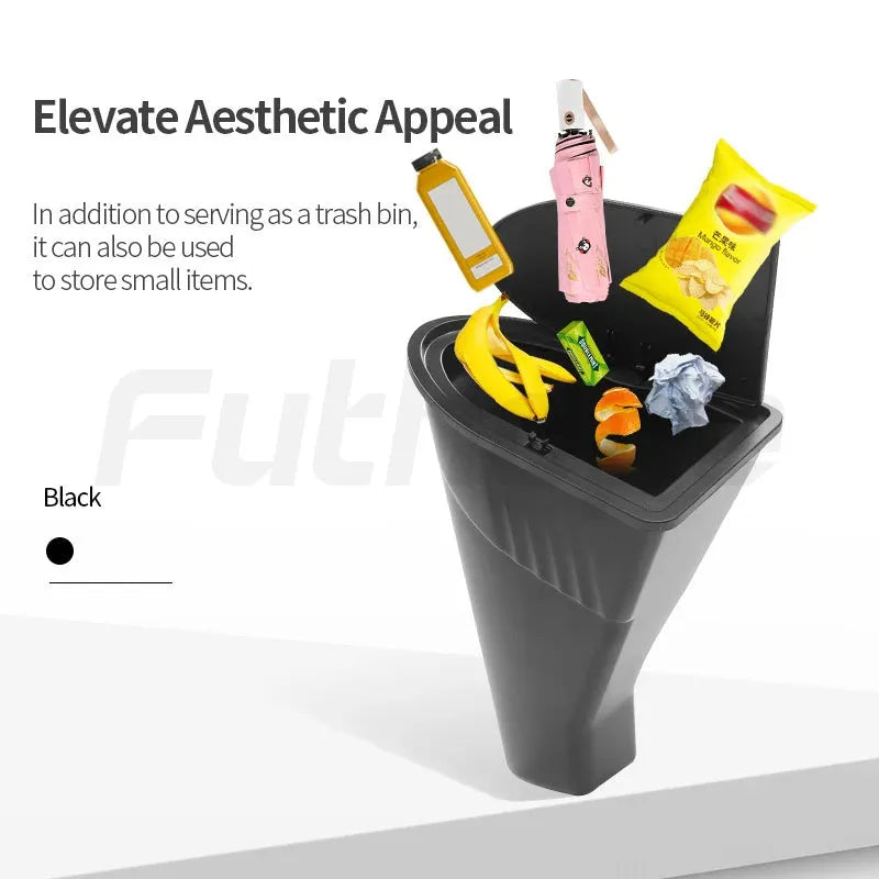 Two black ABS plastic car door trash cans designed for Tesla Model Y front door storage.