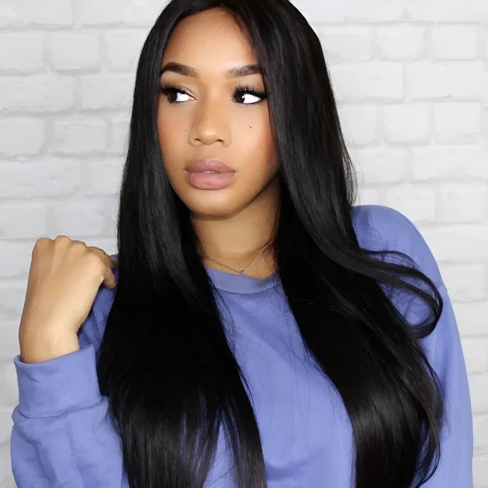 Long straight black wig with centre-parted bangs made from high-temperature fibre material