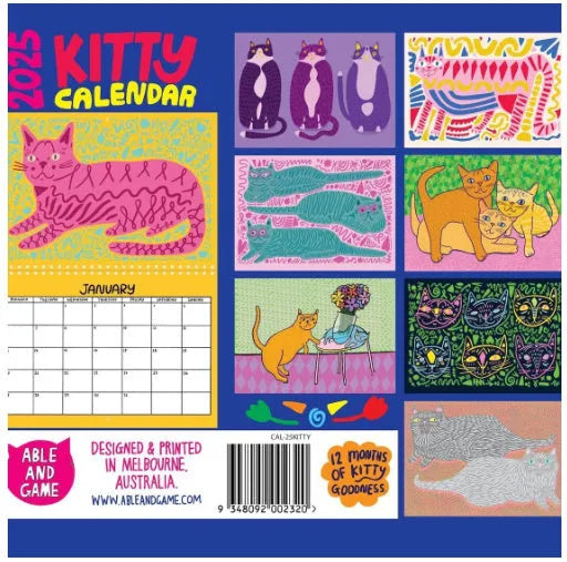A4 paper wall calendar with cat-themed artwork for monthly planning, available for 2024 or 2025.