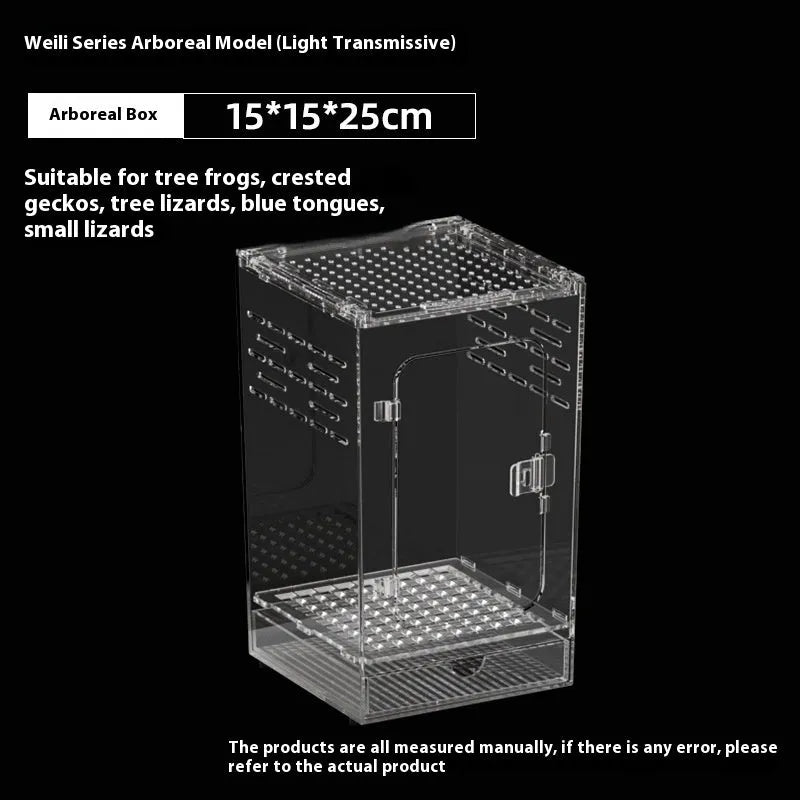 Transparent acrylic reptile feeding box showing ventilation design and clear PC construction