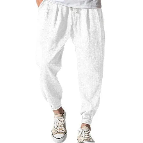 Men's casual loose cotton summer pants with ankle banded cuffs in various colours