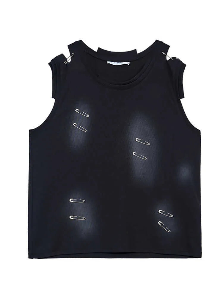 Men's black sleeveless vest waistcoat with irregular ripped cutting detail on a round neck collar.