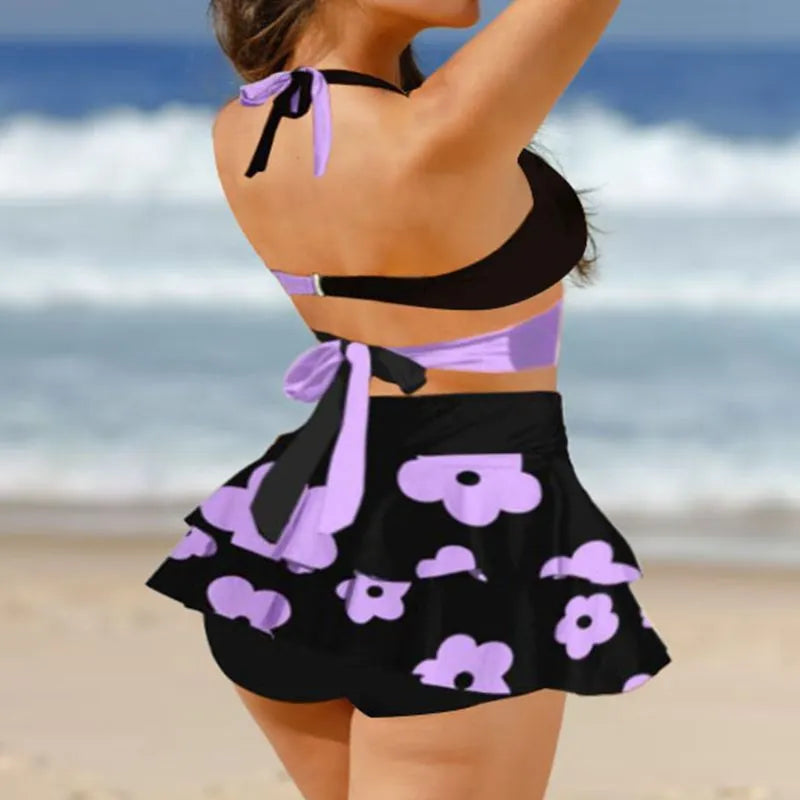 Women's purple high-waisted skirt bikini set with lace-up backless design for swimming