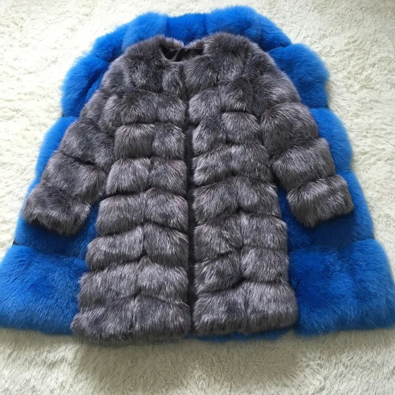Women's long artificial fur coat in wine red colour, showing regular sleeves and a full-length design.