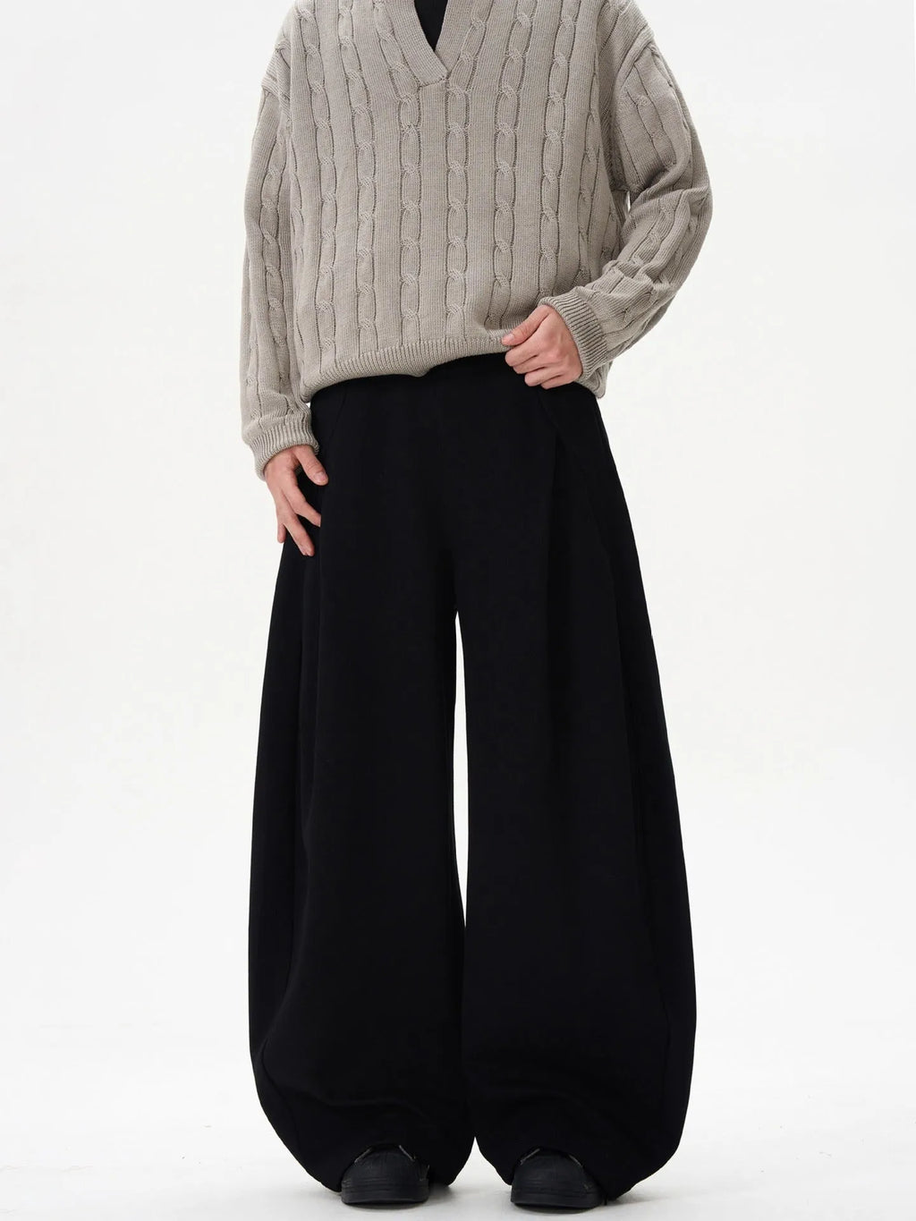 Women's wide-leg mid-waist casual trousers in grey, made from polyester fibre, shown on a model.