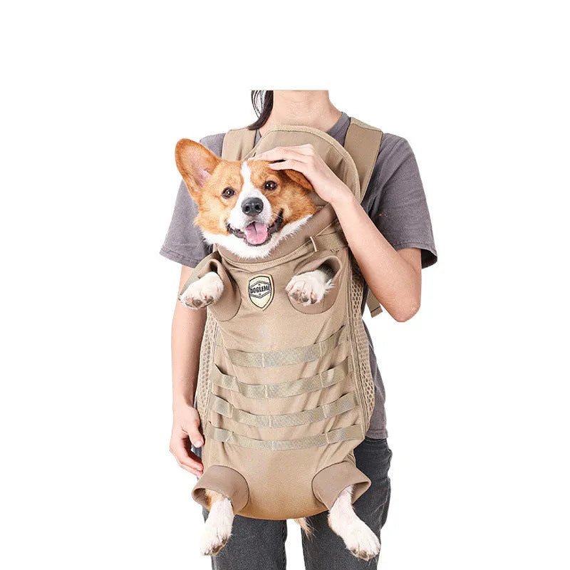 Khaki polyester breathable pet backpack carrier for medium dogs, available in sizes M and L