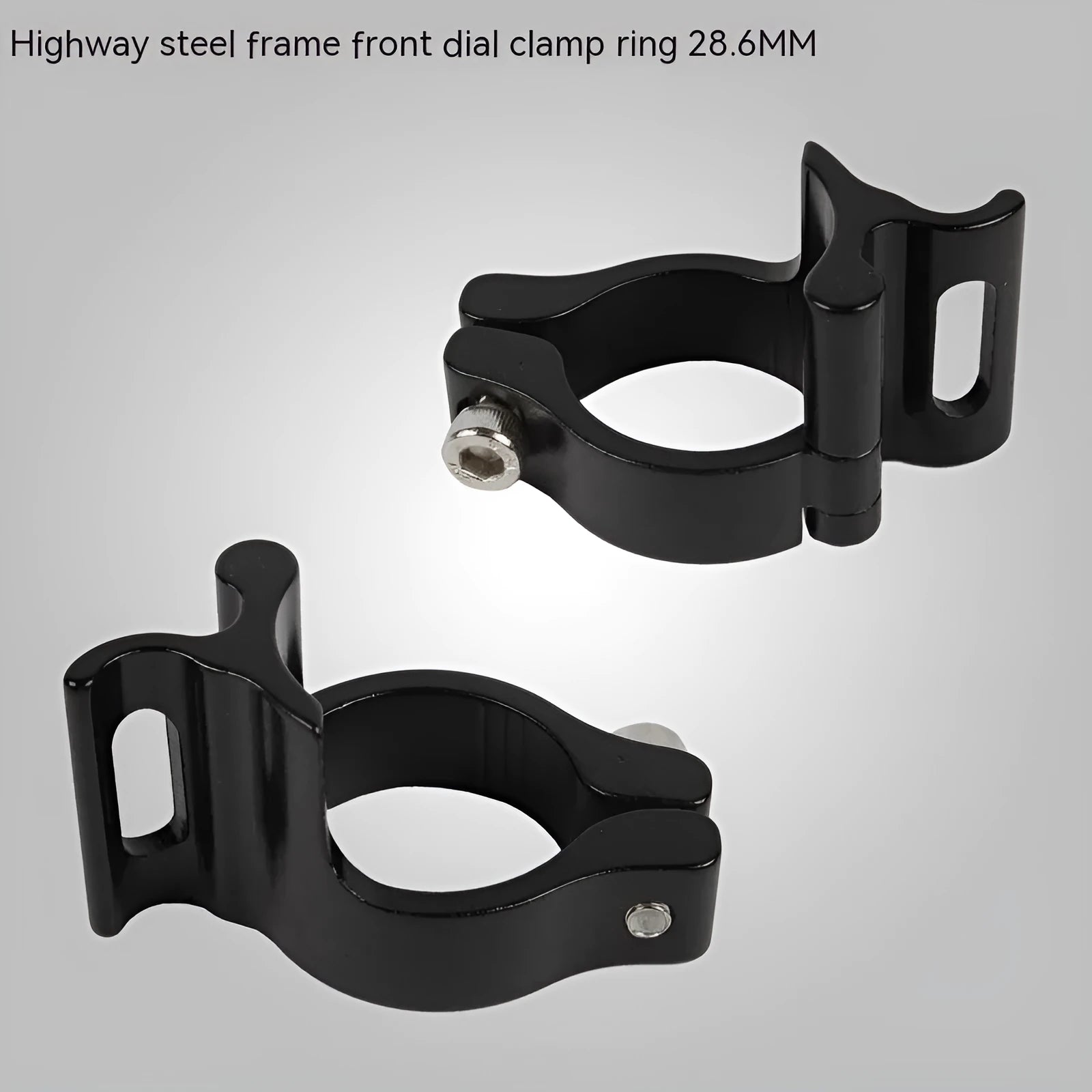 Black aluminium alloy vehicle clamp ring with 28.6mm diameter for steel frame mounting.