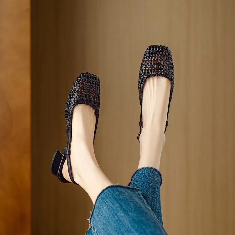 Women's beige woven closed-toe sandals with a square toe, belt buckle, and chunky 4cm heel on a rubber sole.