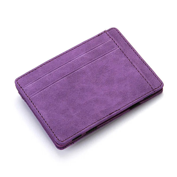 PU leather magic flip wallet in a solid colour with sewing lines, showing card holder and zippered coin purse.