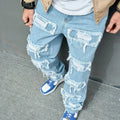 Men's worn stretch slim fit jeans in Denim Blue, cotton denim, mid waist, zipper fly, sizes 28-38