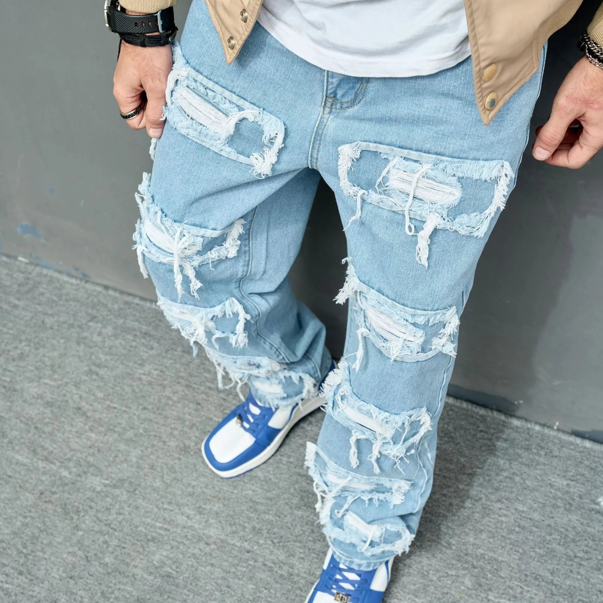 Men's worn stretch slim fit jeans in Denim Blue, cotton denim, mid waist, zipper fly, sizes 28-38