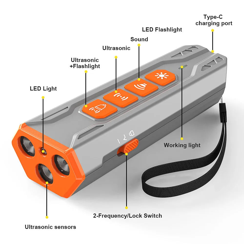Grey and orange three-head ultrasonic dog trainer with remote control on a table.