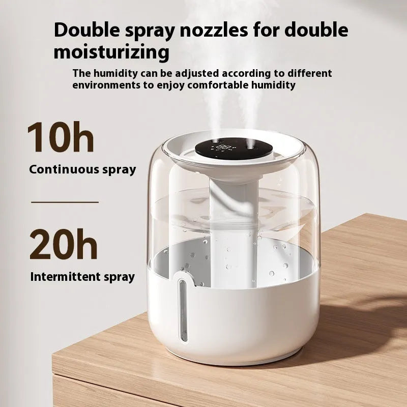 Beige round USB humidifier with dual spray fog, humidity display and night light