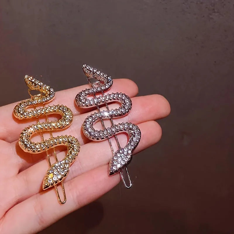 Korean vintage snake hair barrette with court rhinestones in gold or silver colour