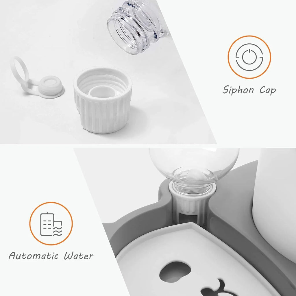 Grey tilted elevated pet bowl set with automatic water dispenser bottle and panda design