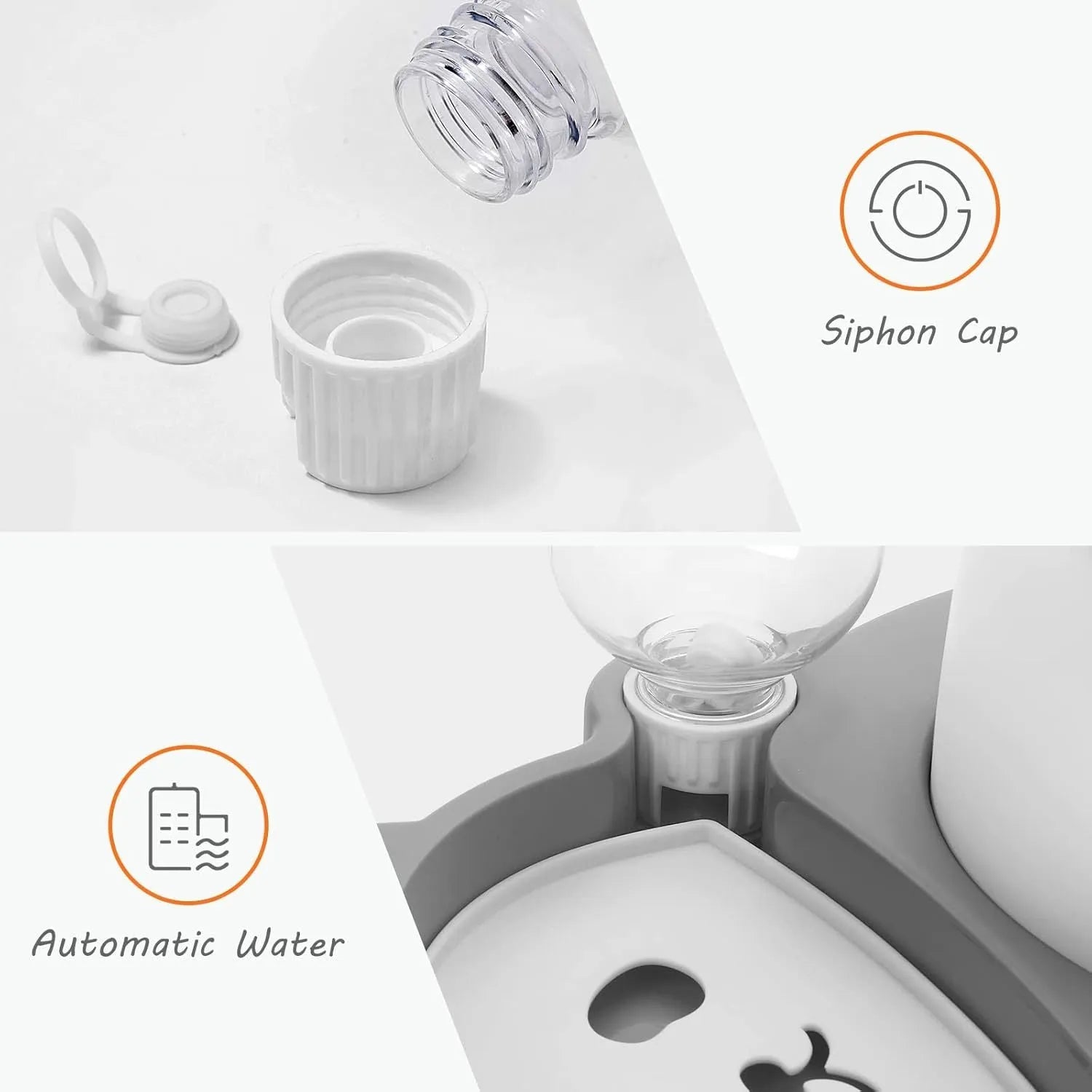Grey tilted elevated pet bowl set with automatic water dispenser bottle and panda design