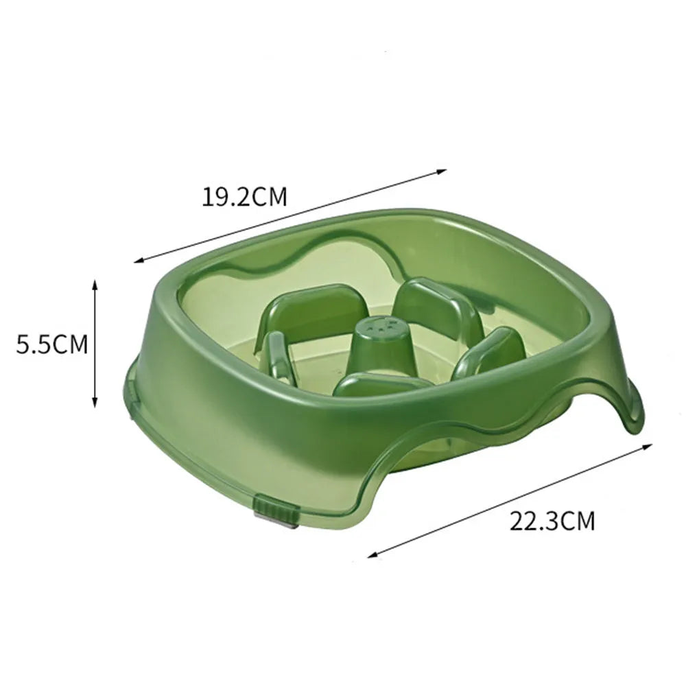 Blue plastic dog slow feeder bowl on a floor, designed to prevent choking by slowing eating pace.