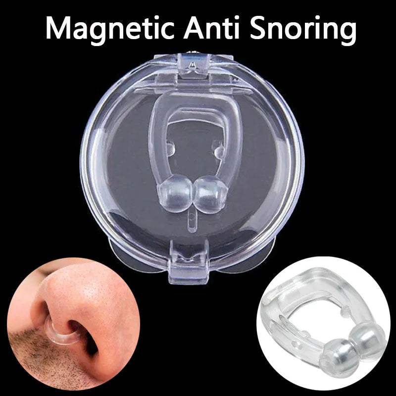 Mini magnetic silicone anti-snoring nose clip in white on a transparent plastic box