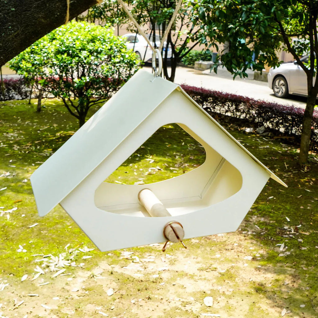 Modern simple iron bird house with anti-rain roof in garden setting