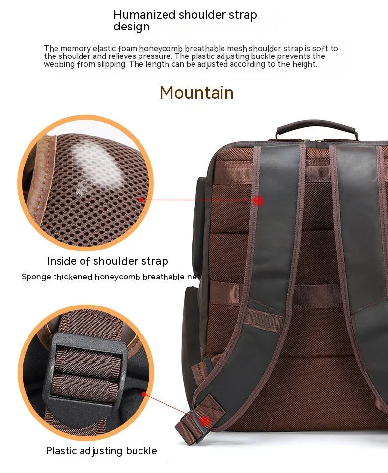 Dark brown retro genuine leather backpack for men showing front view with double straps and soft handle.