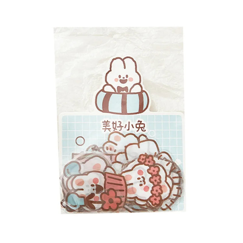 Morning Foam PET sticker pack with 40 pieces featuring bear and rabbit designs on white backing sheet
