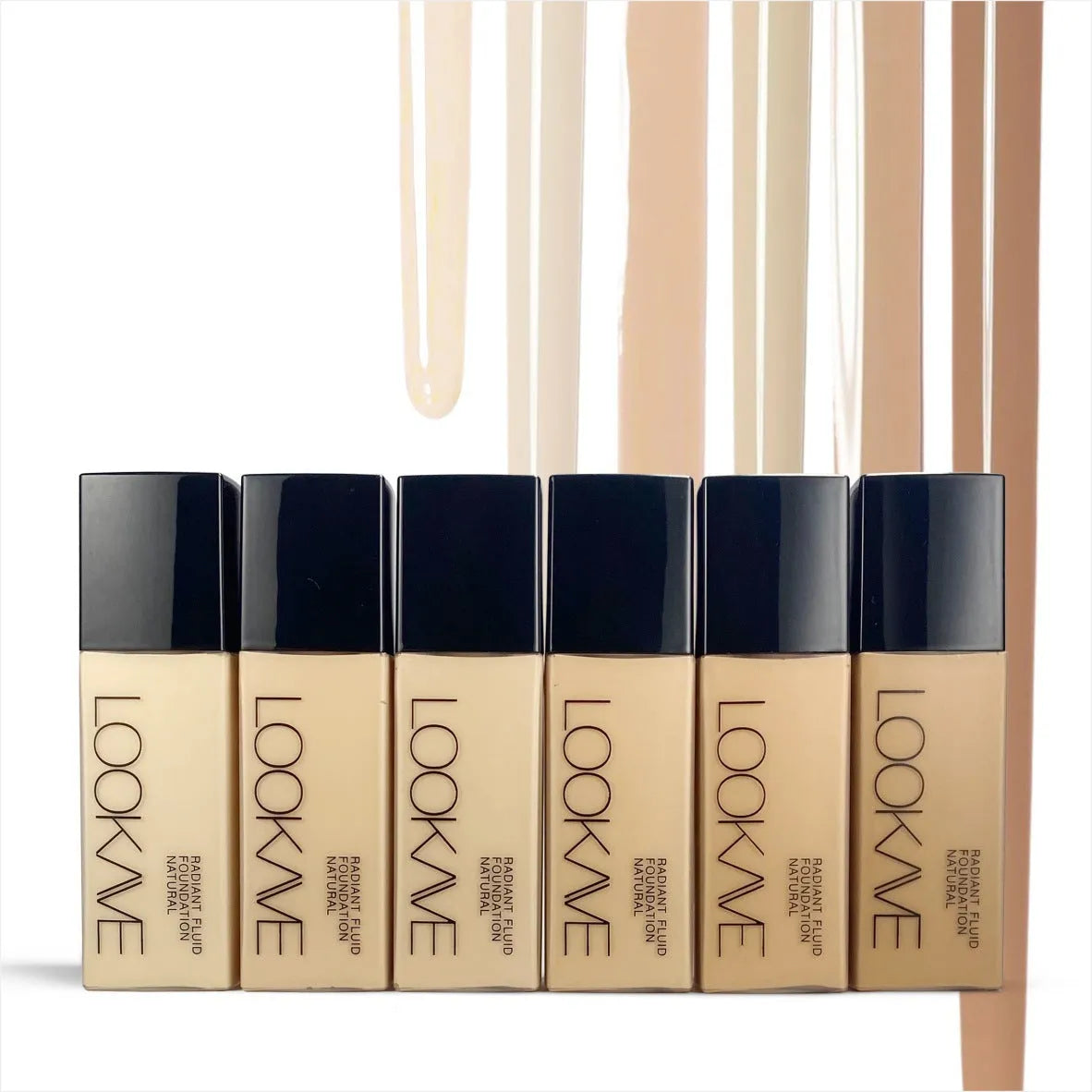 LOOKAVE matte liquid foundation bottle showing ivory white colour with six shade options LK63C-01 to LK63C-06
