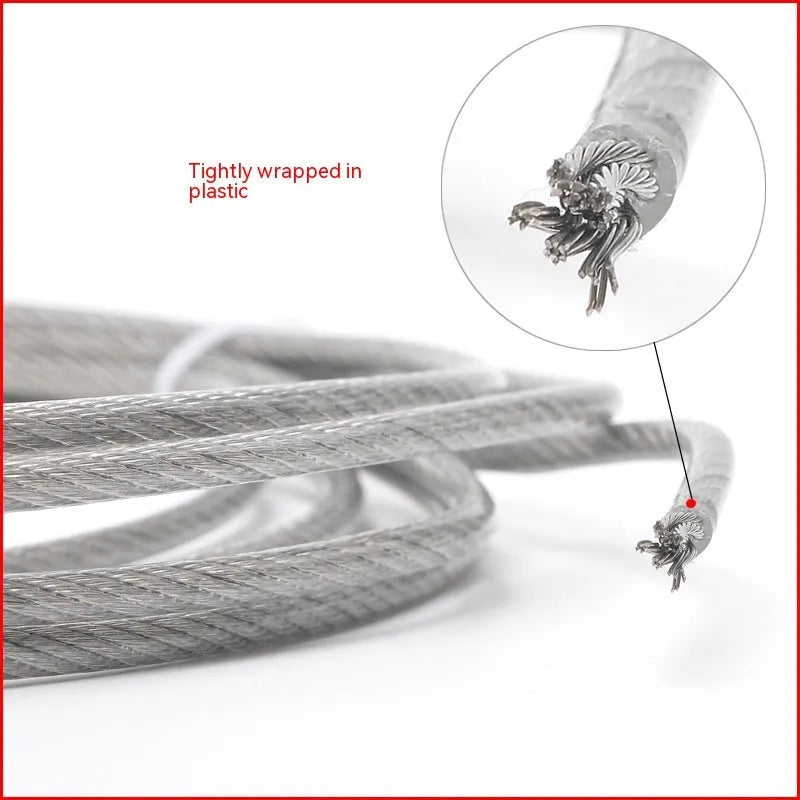 Black coated 304 stainless steel anti-theft security wire rope on a reel showing its multi-strand construction.