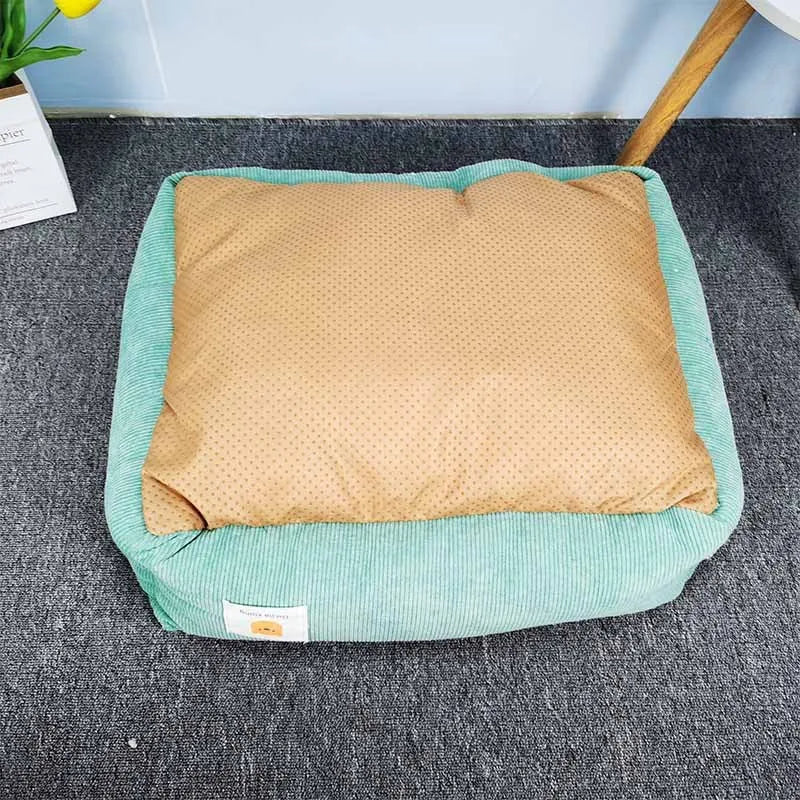 Square cloth pet bed with printed fabric finish, shown in one of five colours and available in 40x50cm or 50x60cm