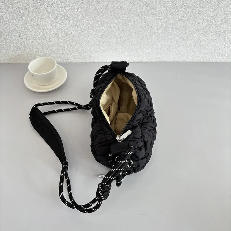 Women's lightweight nylon messenger bag in pillow shape with rhombus pattern and crossbody strap