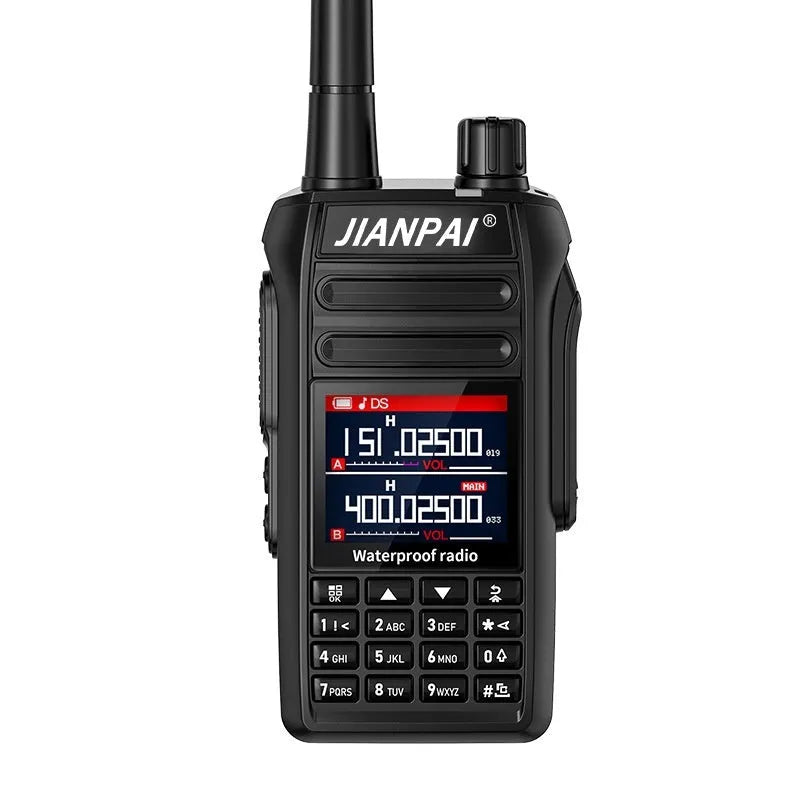 Black Interphone waterproof aviation walkie talkie with antenna, battery, back clip, and seat charger.