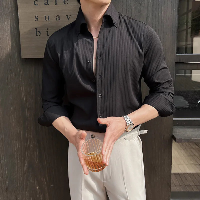 Men's dark striped V-neck long sleeve shirt in polyester blend fabric for spring and autumn wear