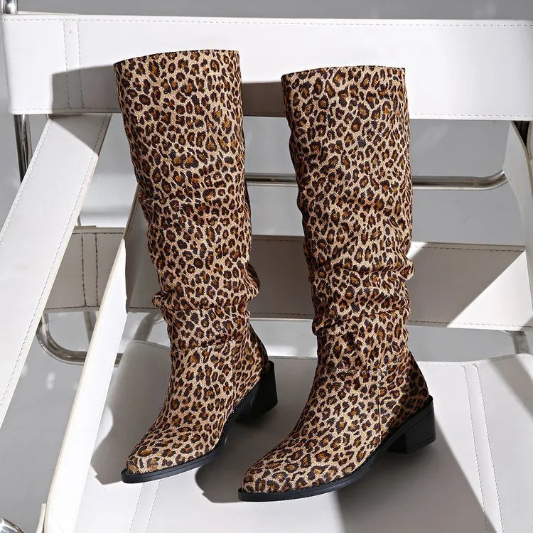 Brown leopard print women's boots with square toe and chunky block heels