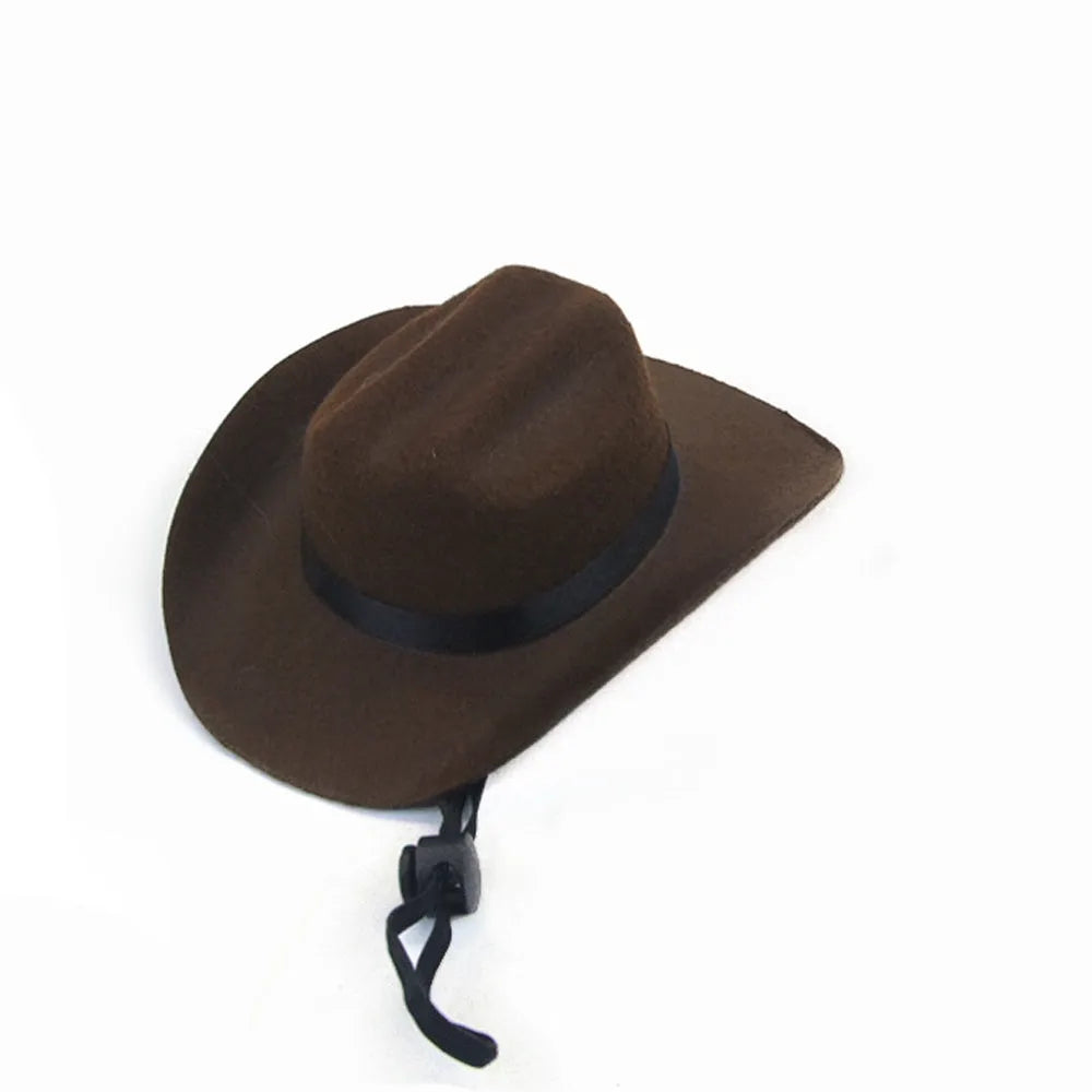 A brown adjustable cowboy hat for a small dog or cat on a white background.