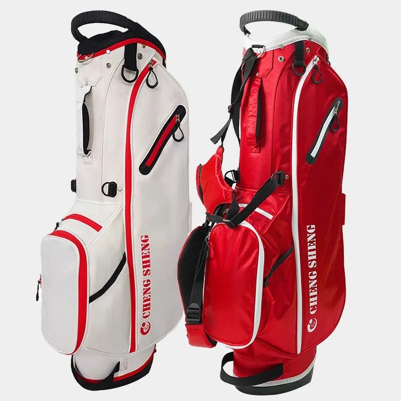 Red and white golf stand pack with polyester waterproof outer and multiple pockets