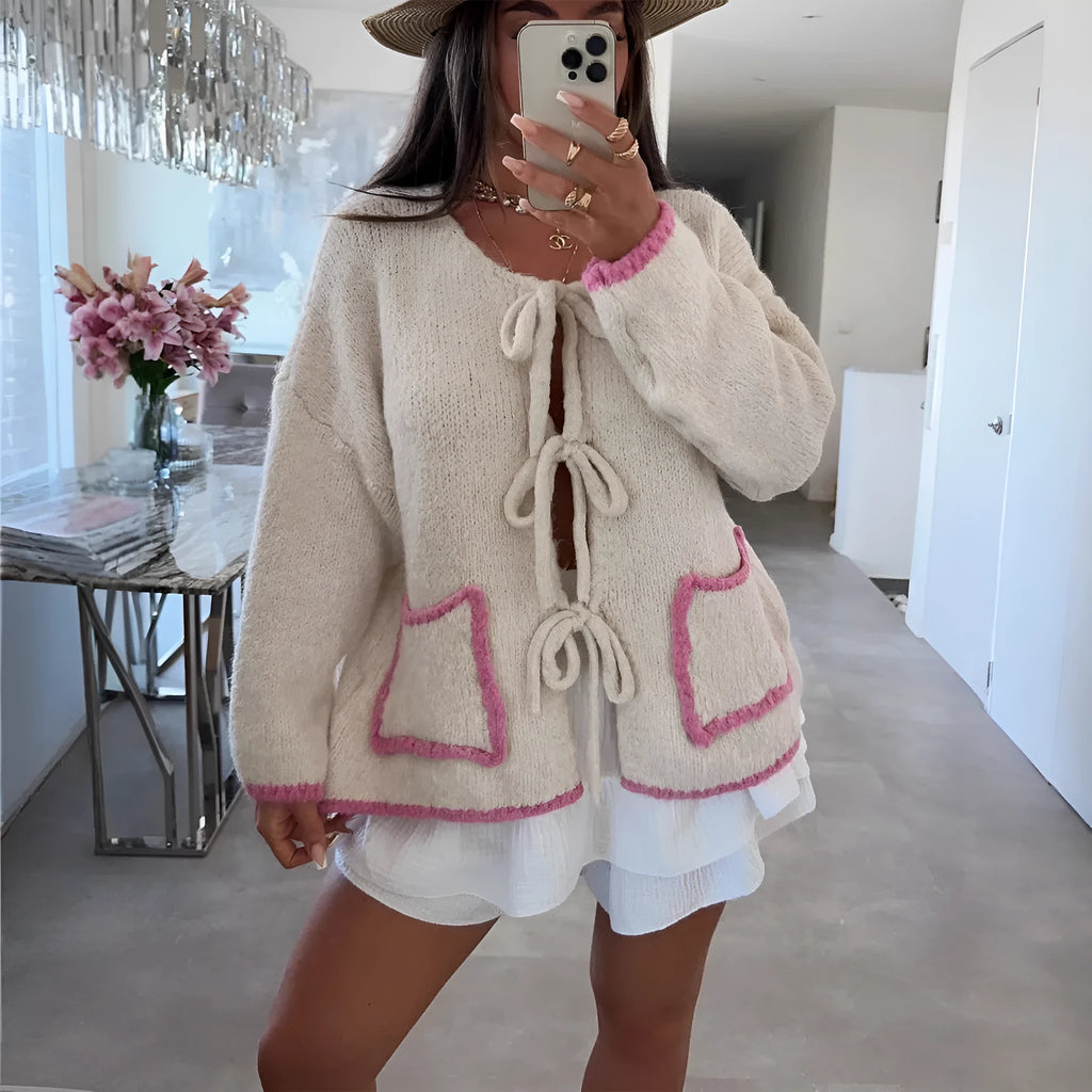Women's beige loose knitted cardigan with contrast colour, front lace-up, and pockets, polyester, sizes S to XL