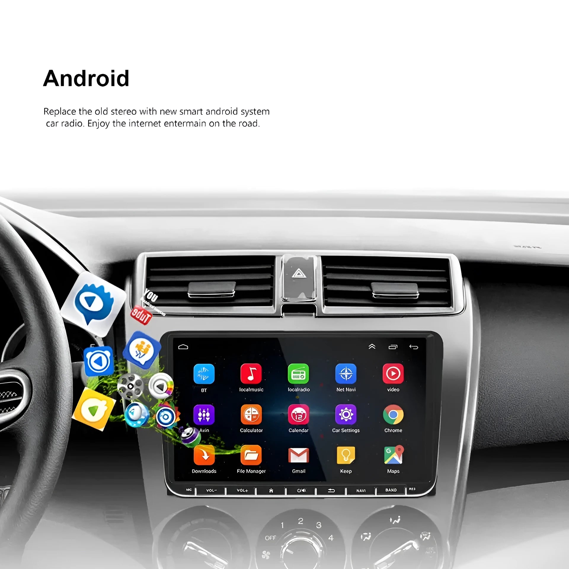 9-inch Android car stereo with touchscreen for Ford vehicles, showing wireless CarPlay interface
