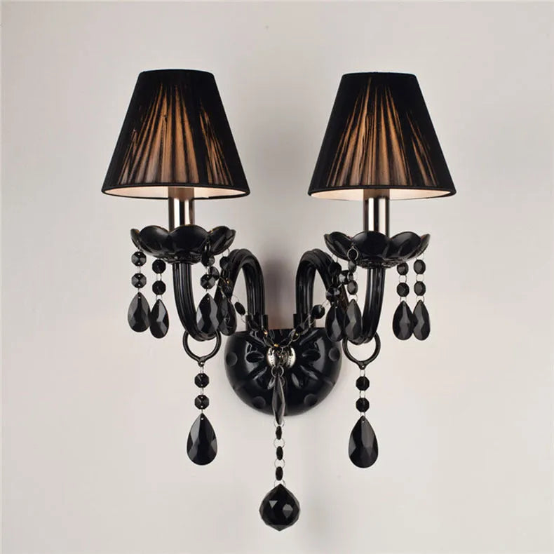 European double-head crystal wall lamp in black finish, 340mm diameter by 430mm height, for living room or dining room