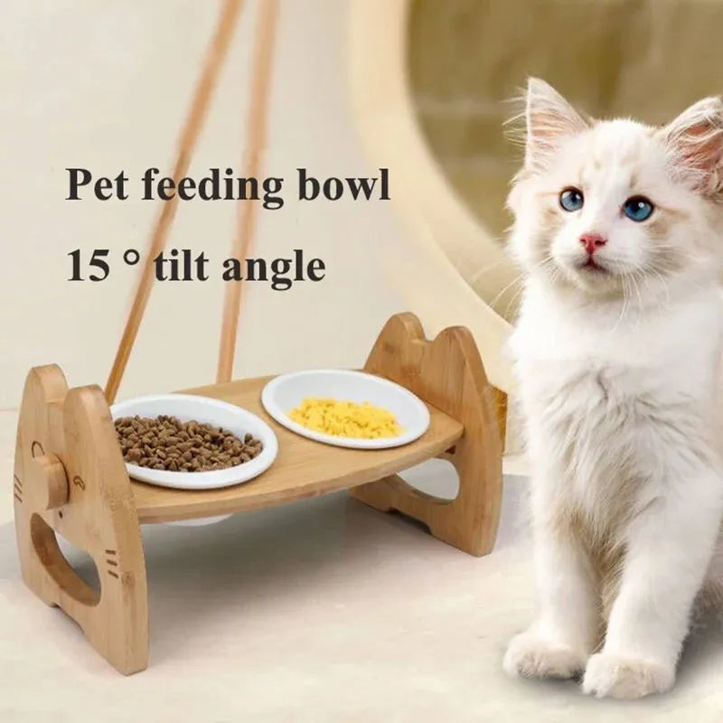 Height adjustable bamboo and ceramic double pet bowl stand with wooden frame, original wood colour, suitable for cats and dogs