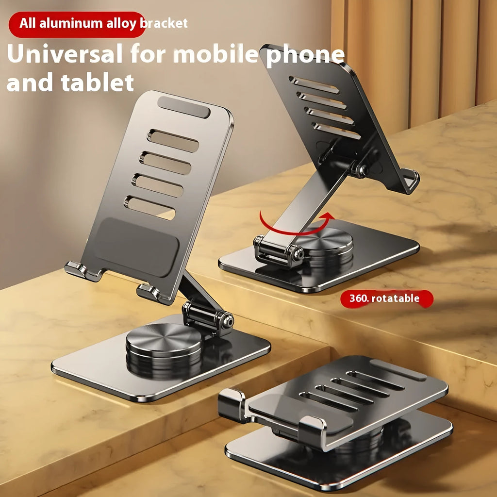 Rotatable folding mobile desktop stand phone holder in black on a desk showing adjustable angle