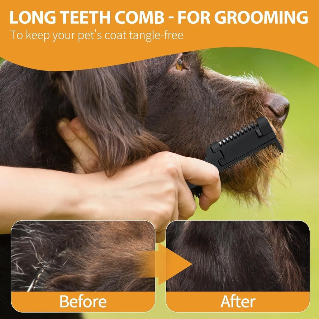 Black pet grooming comb with razor blades and package of ten replacement blades.