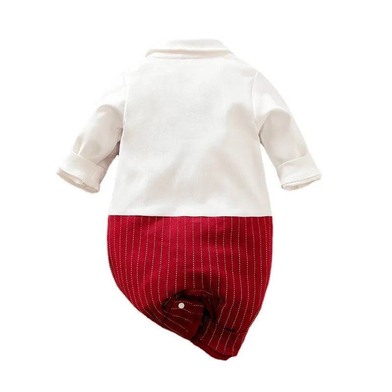 Wine red cotton baby boy romper one-piece suit with long sleeves and single-breasted closure.