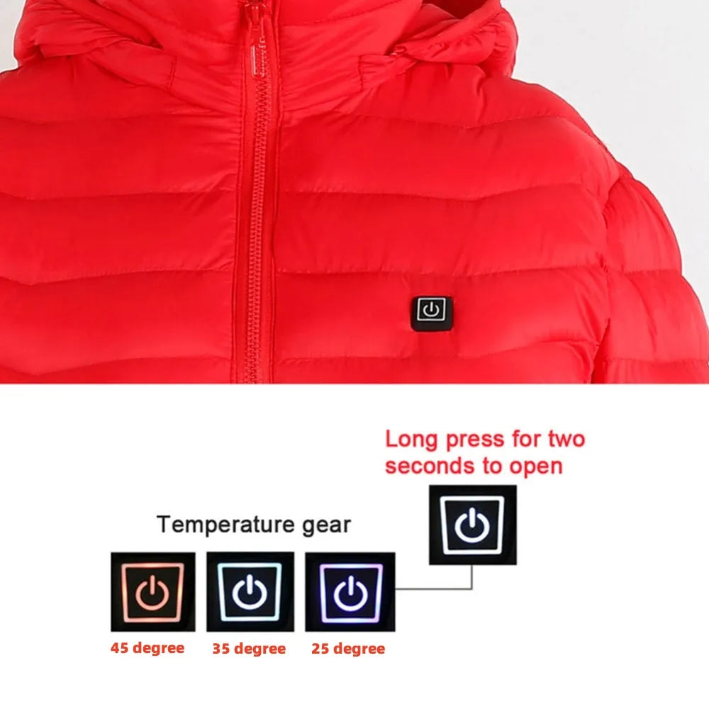 Men's USB heated jacket with detachable hood, shown in black, featuring zip-up front and elastic cuffs.