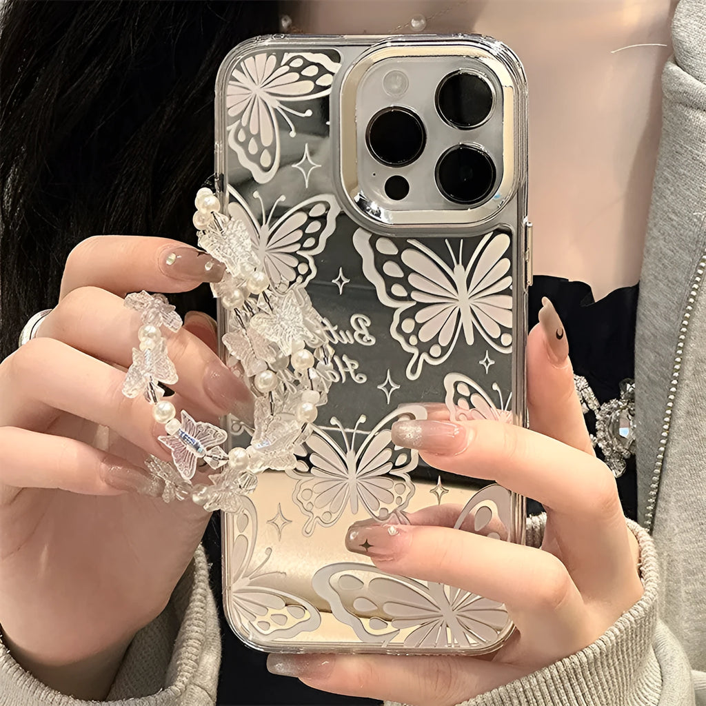 Transparent three-in-one mirror iPhone case with bow bracelet attachment for iPhone 15 Pro Max