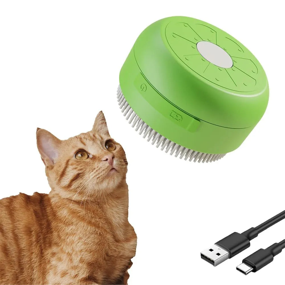 Green and yellow rechargeable cat steam brush with silicone bristles for pet grooming and massage.