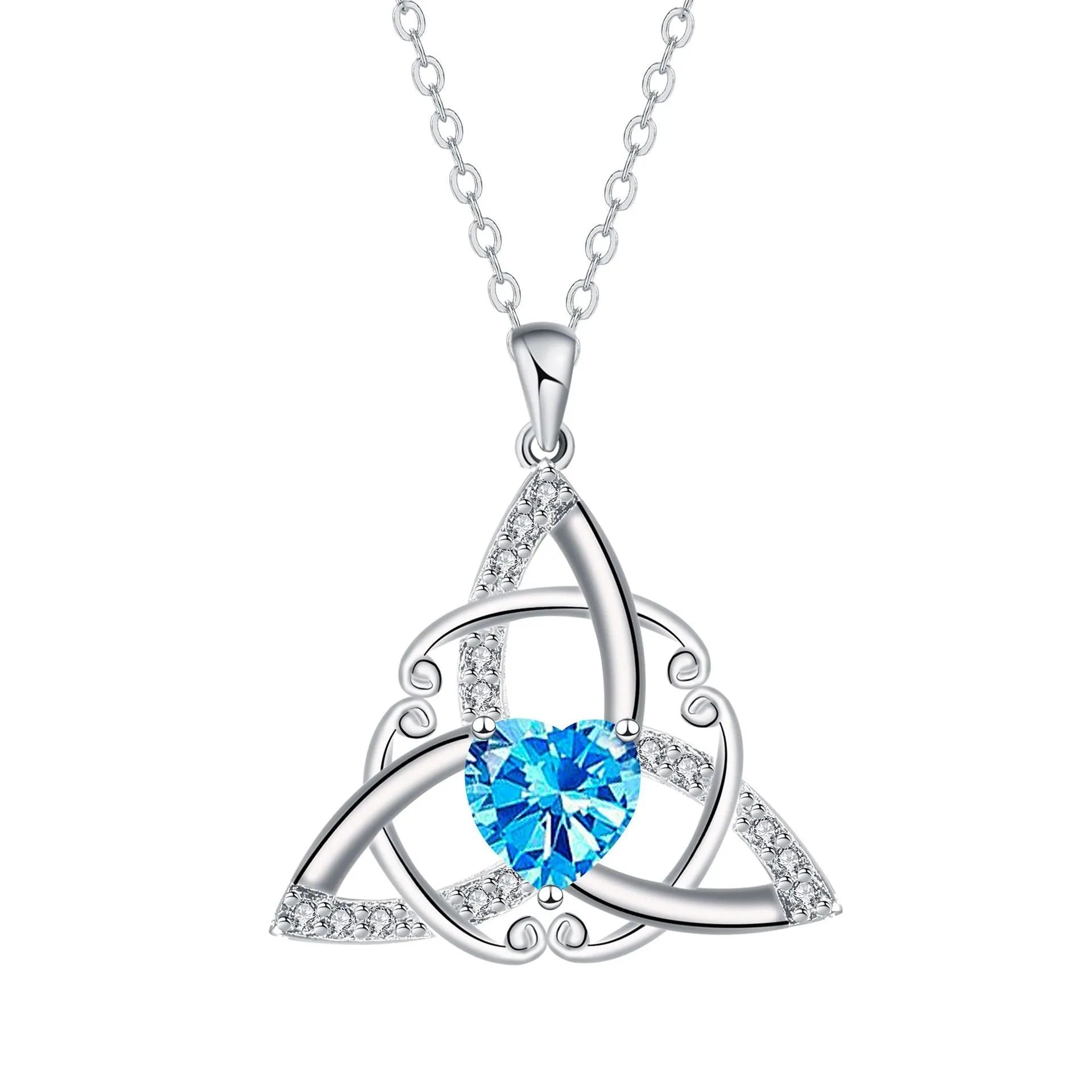 Geometric Celtic knot necklace pendant in copper with electroplated finish showing colour options