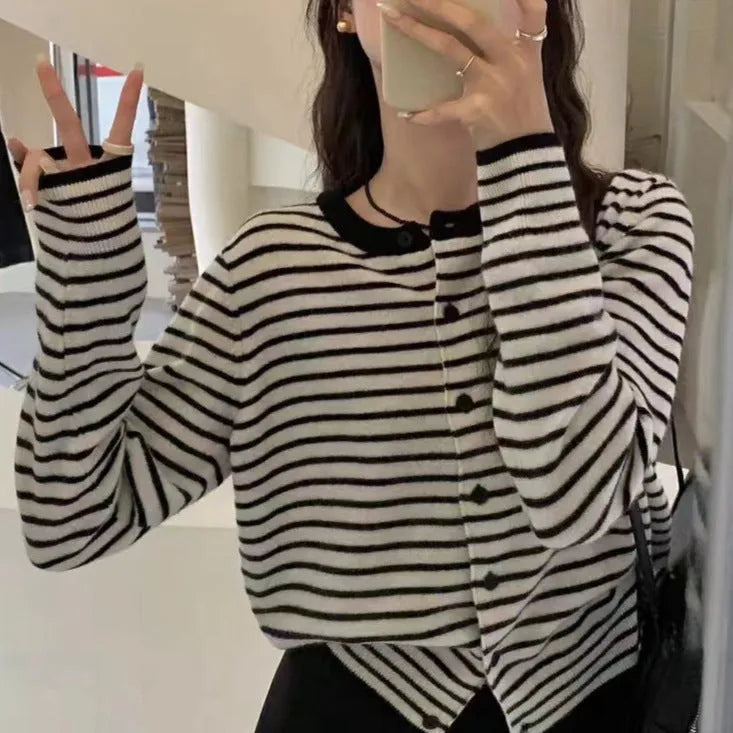 French style striped cardigan coat for women in dark grey with white stripes, viscose spandex fabric